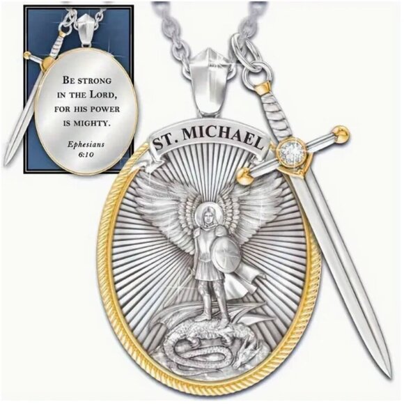 Saint Michael Sword and Shield Pendant and Necklace Silver and Gold Tone… - Picture 1 of 4